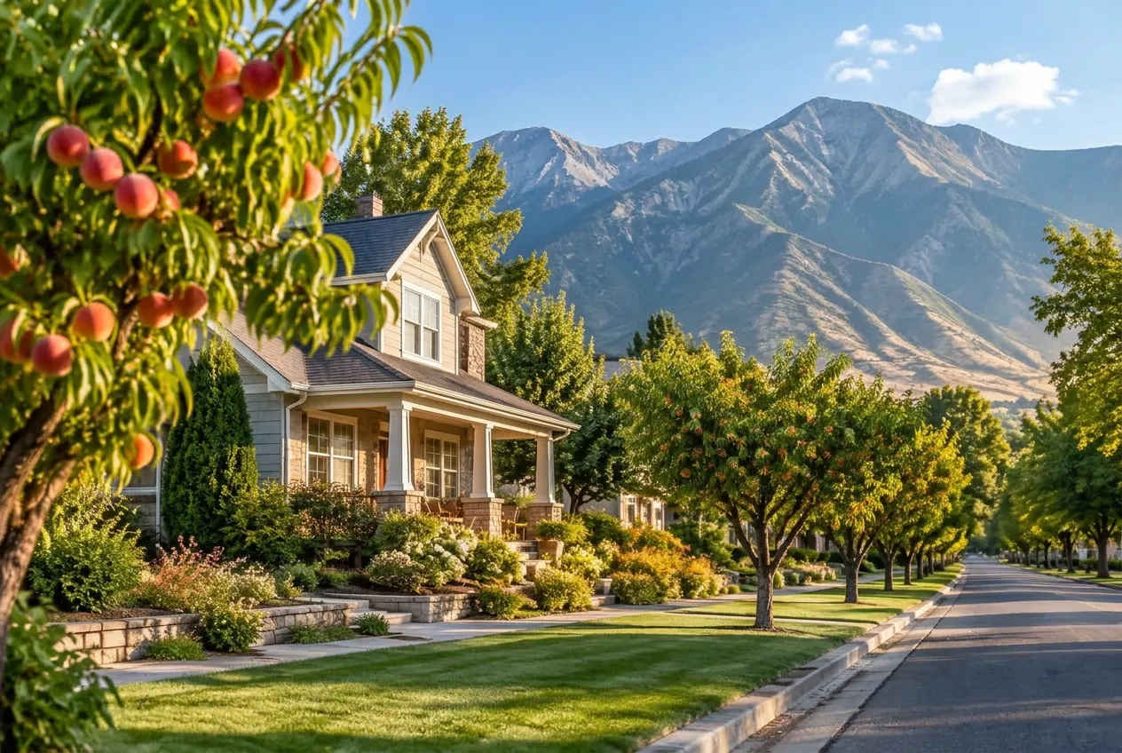 Orchard-lined residential street beneath the Wellsville Mountains in Brigham City, Utah