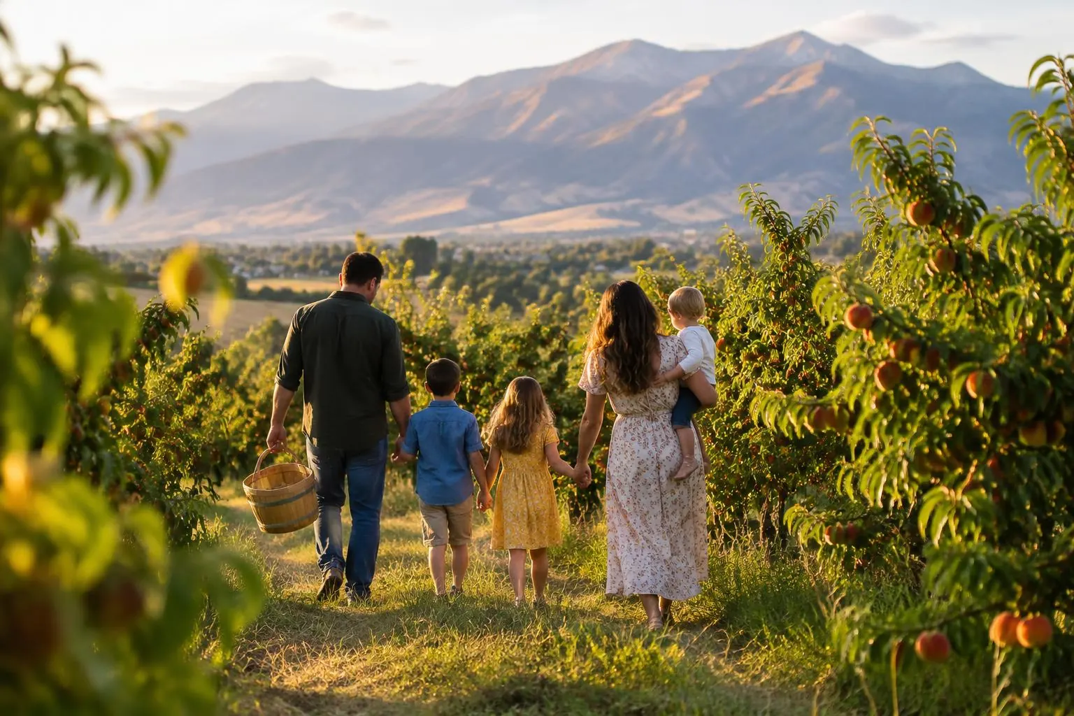 Family walking through a peach orchard below the Wellsville Mountains near Brigham City, Utah