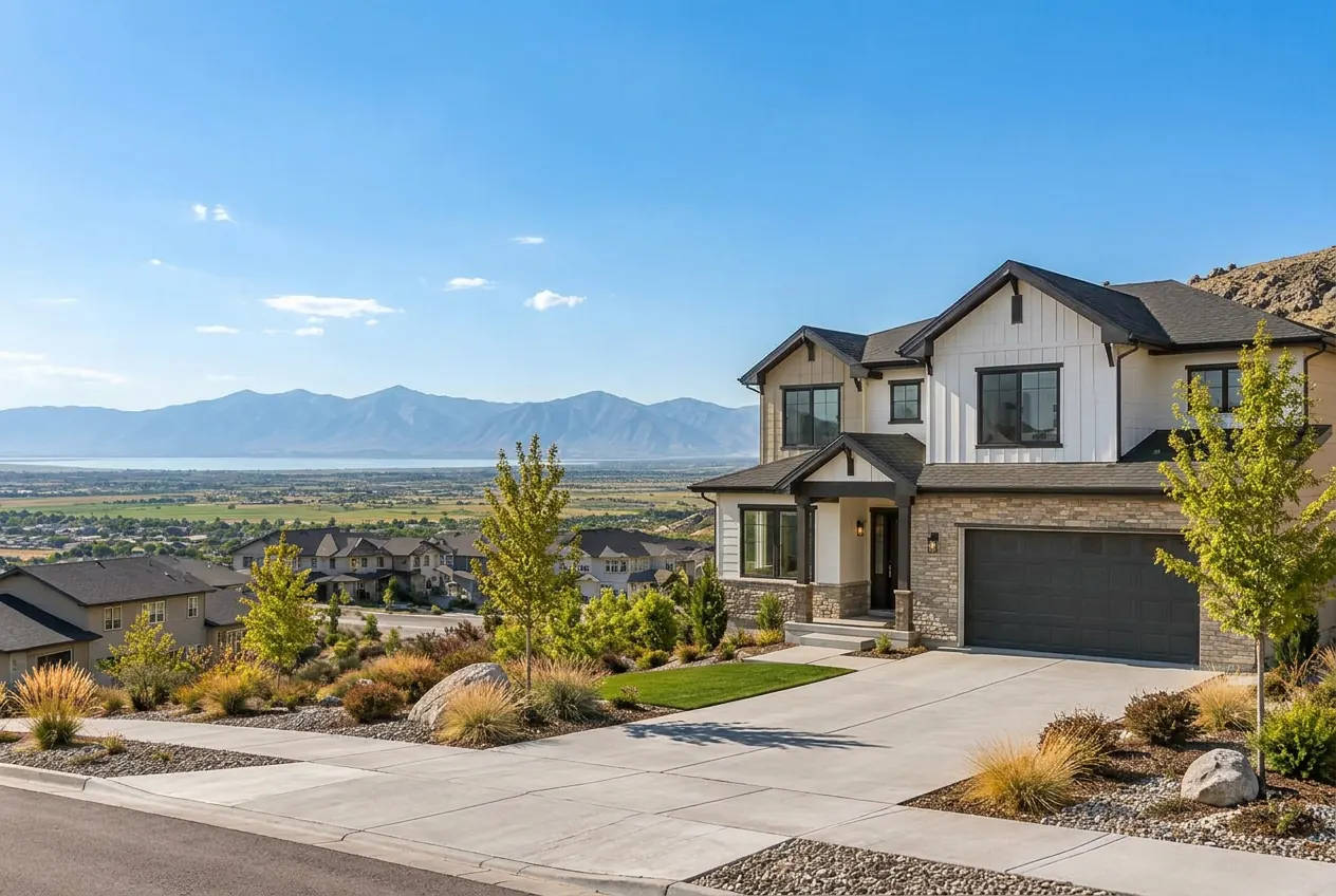 Modern Eagle Mountain, Utah home beneath a broad Cedar Valley sunset sky