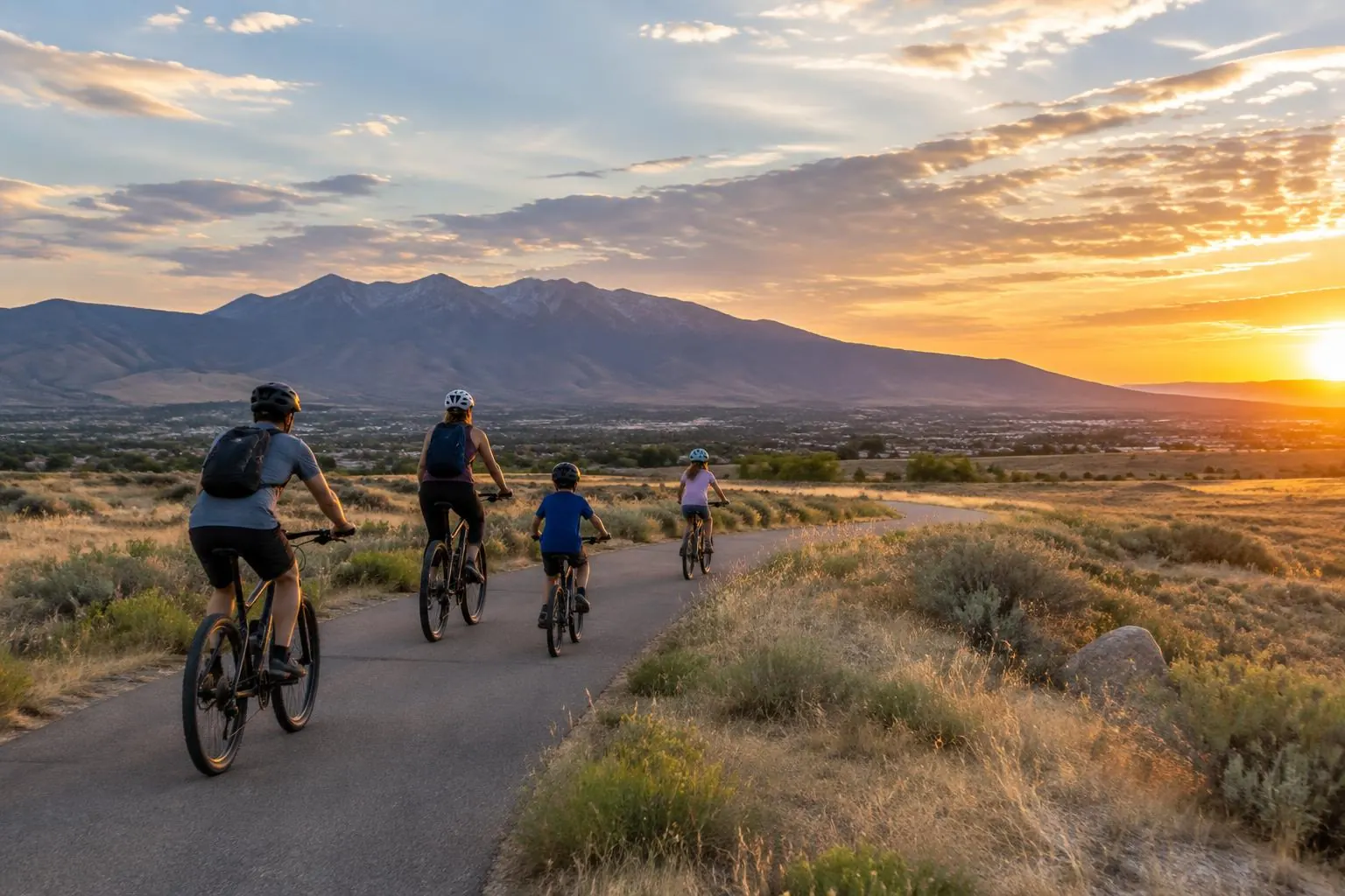 Family bicycling an open-space trail in Eagle Mountain, Utah at sunset