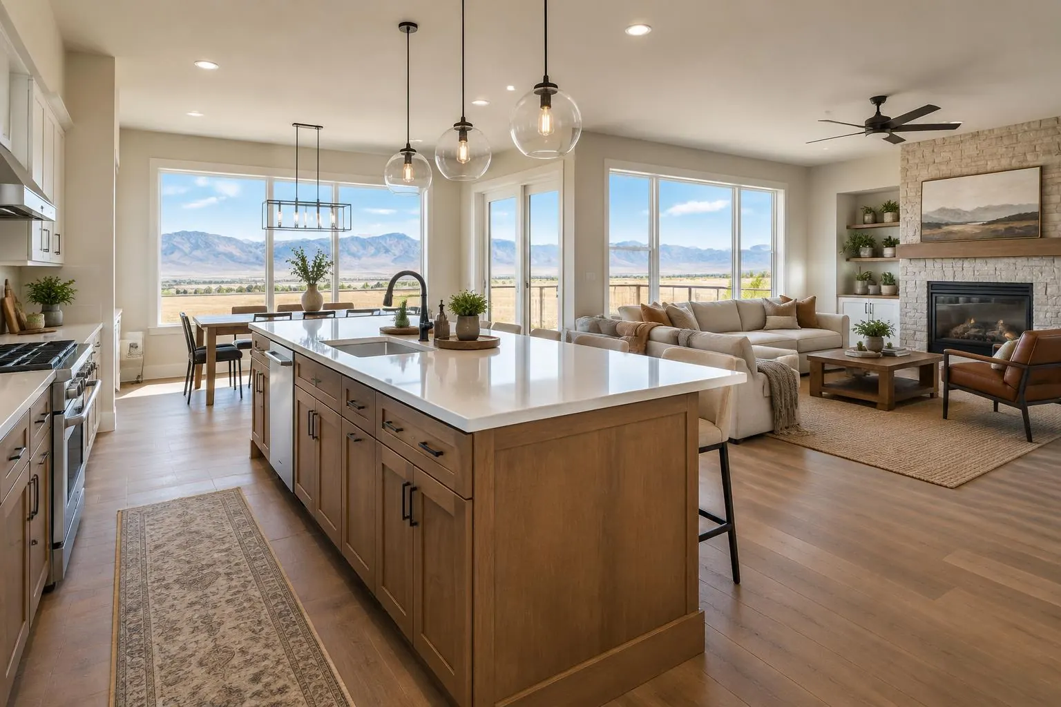 Bright new-home interior overlooking Cedar Valley near Eagle Mountain, Utah