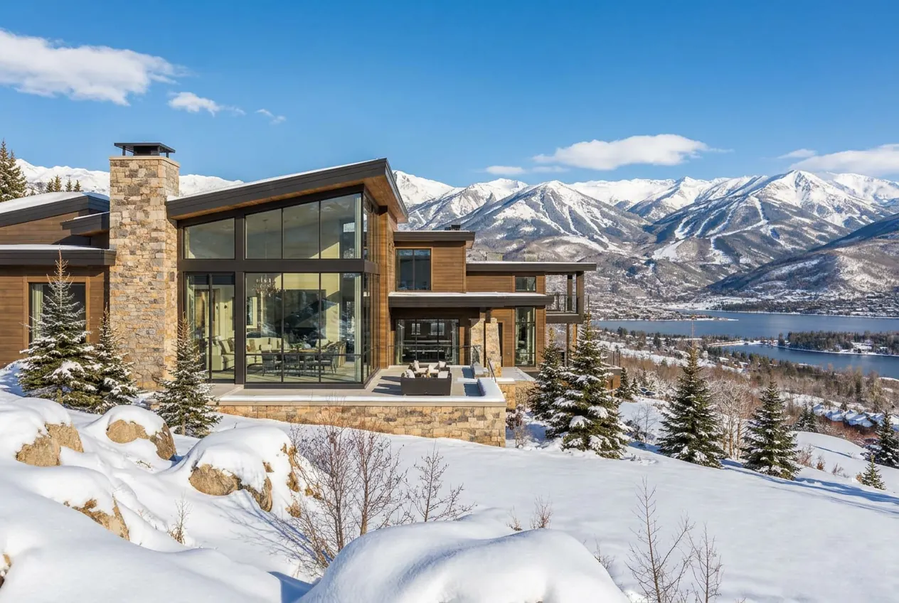 Mountain-modern home beneath snow-dusted ridges in Eden, Utah in clear daylight