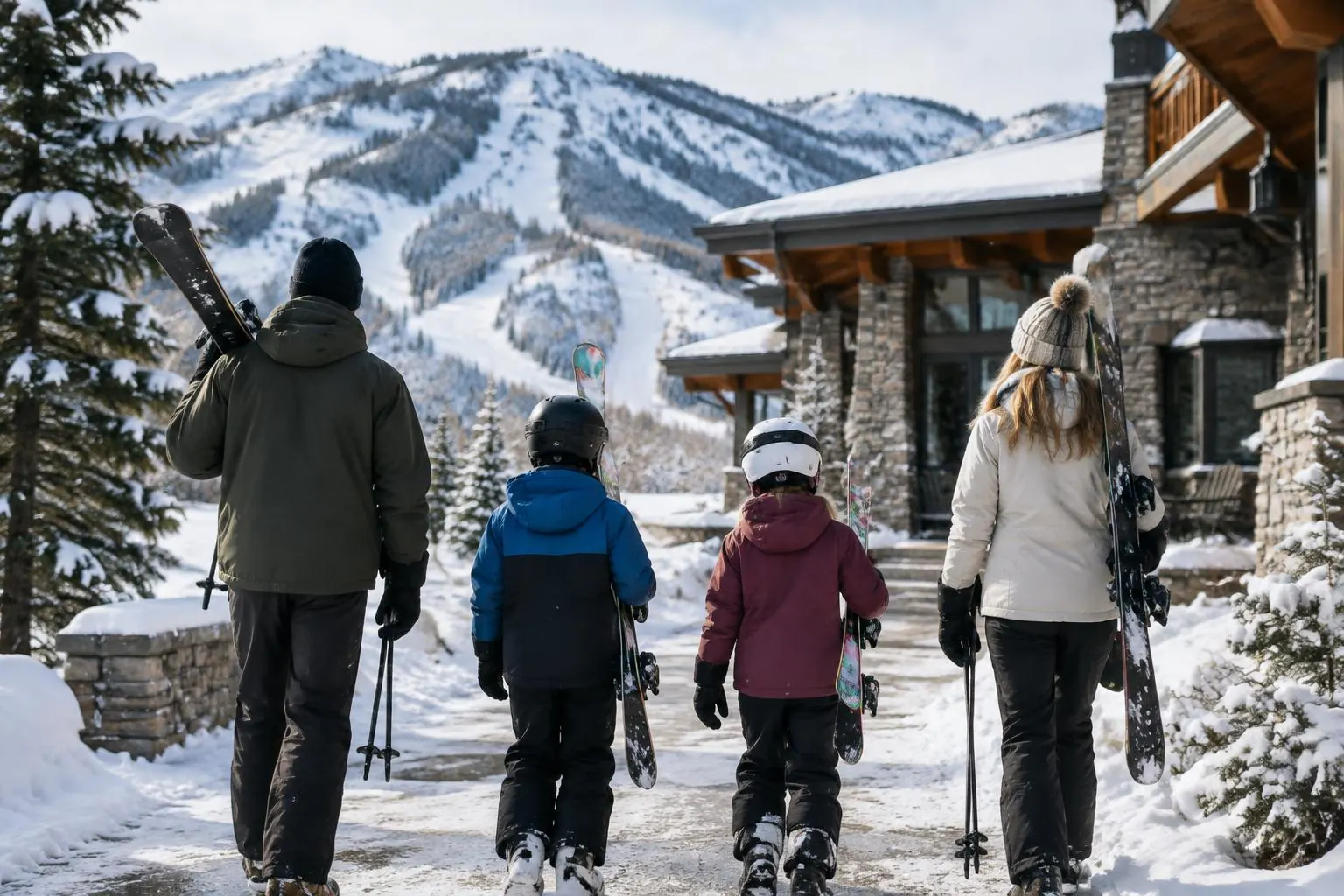Family carrying skis through a snowy mountain neighborhood near Eden, Utah