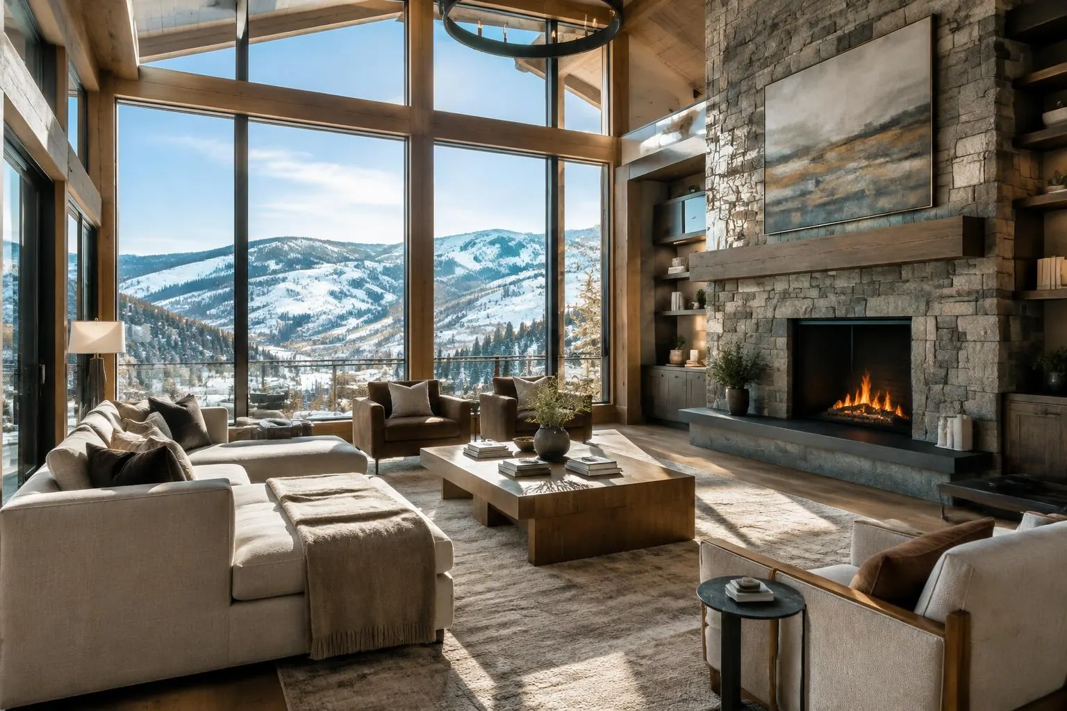 Mountain-modern great room overlooking winter ridges in Eden, Utah