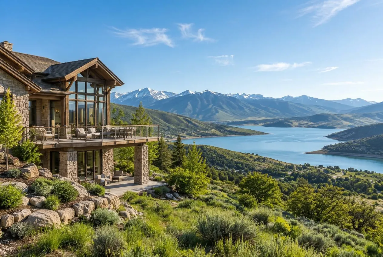 Timber-and-stone luxury home above Pineview Reservoir in Huntsville, Utah in bright daylight