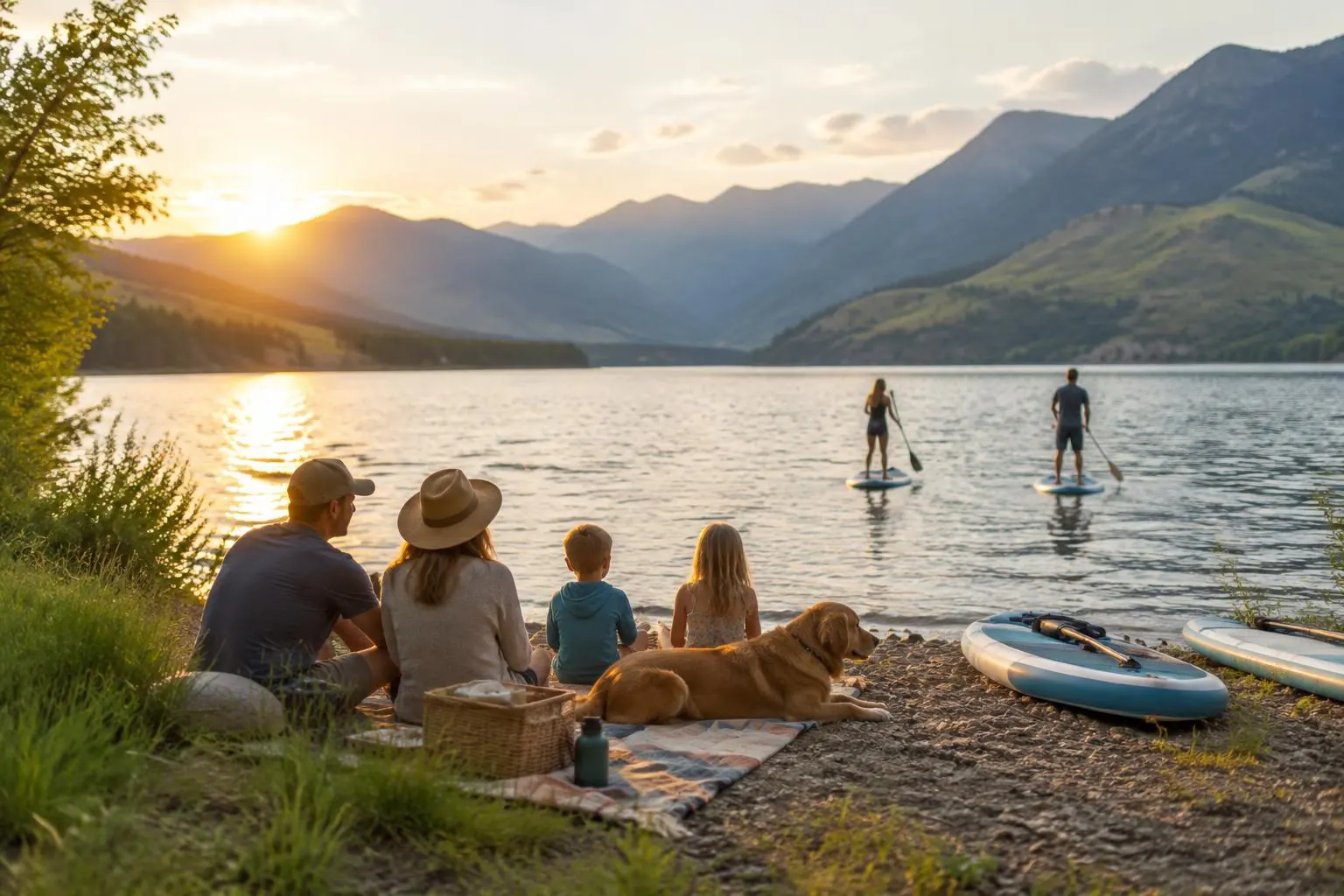 Family enjoying paddleboards and a lakeside picnic at Pineview Reservoir near Huntsville, Utah