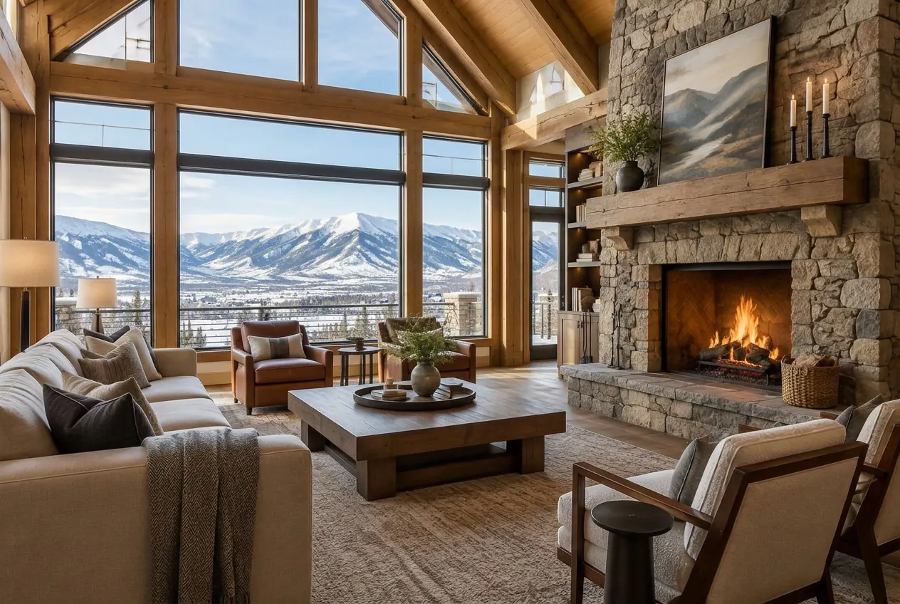 Mountain home great room with stone fireplace and snowy Ogden Valley views in Huntsville, Utah
