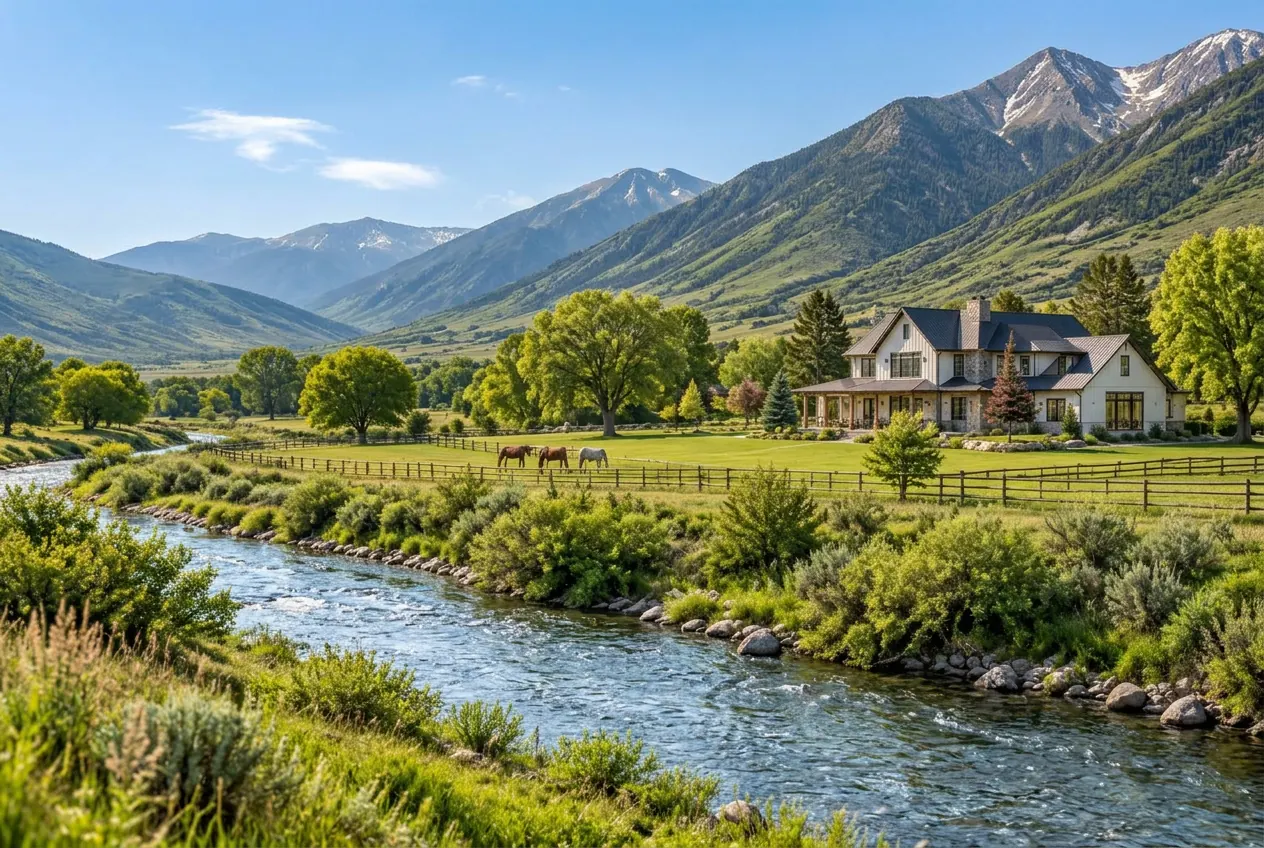 Pastoral estate with horses beside the Weber River in Morgan Valley, Utah in warm daylight
