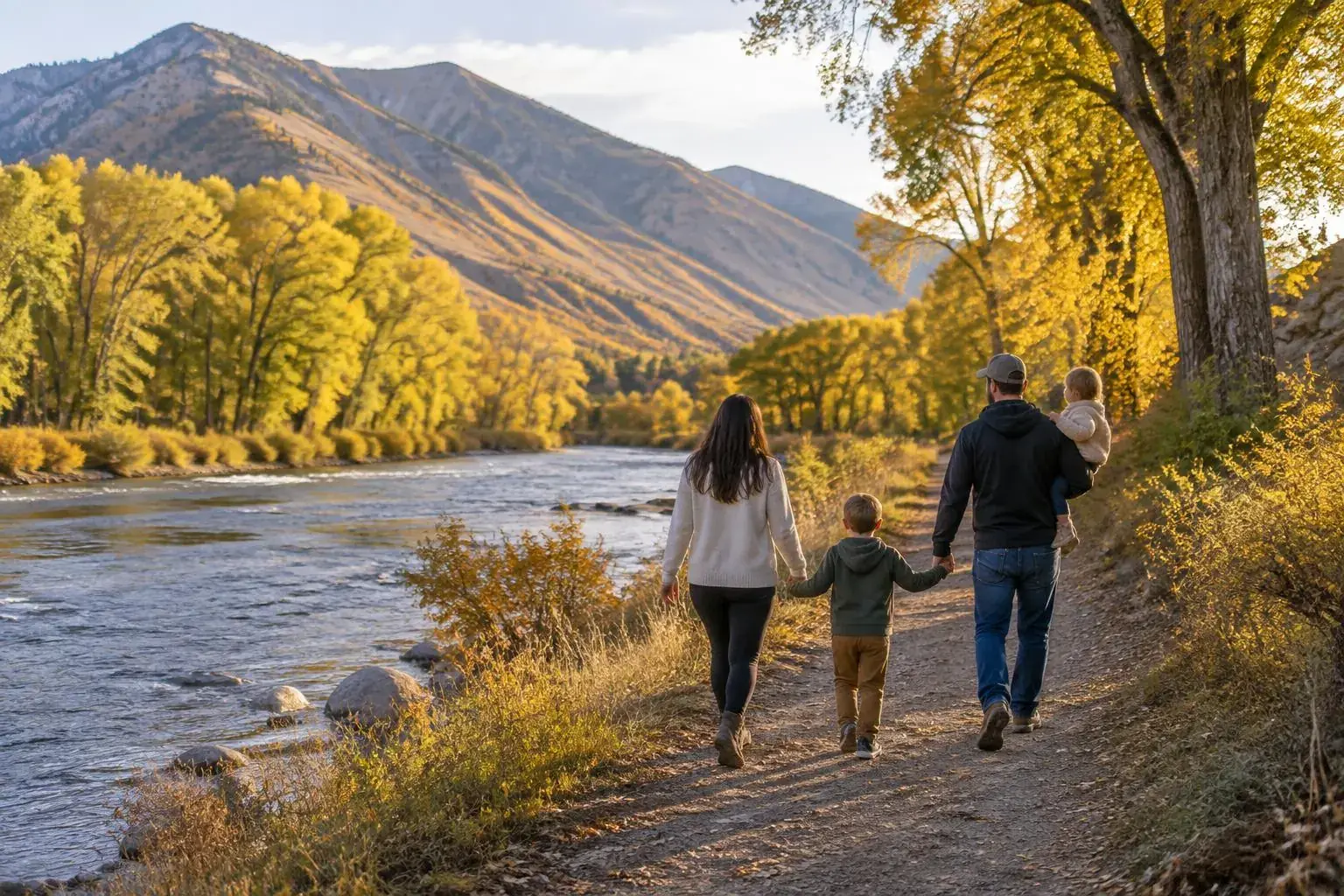 Family walking along the Weber River beneath autumn cottonwoods in Morgan, Utah