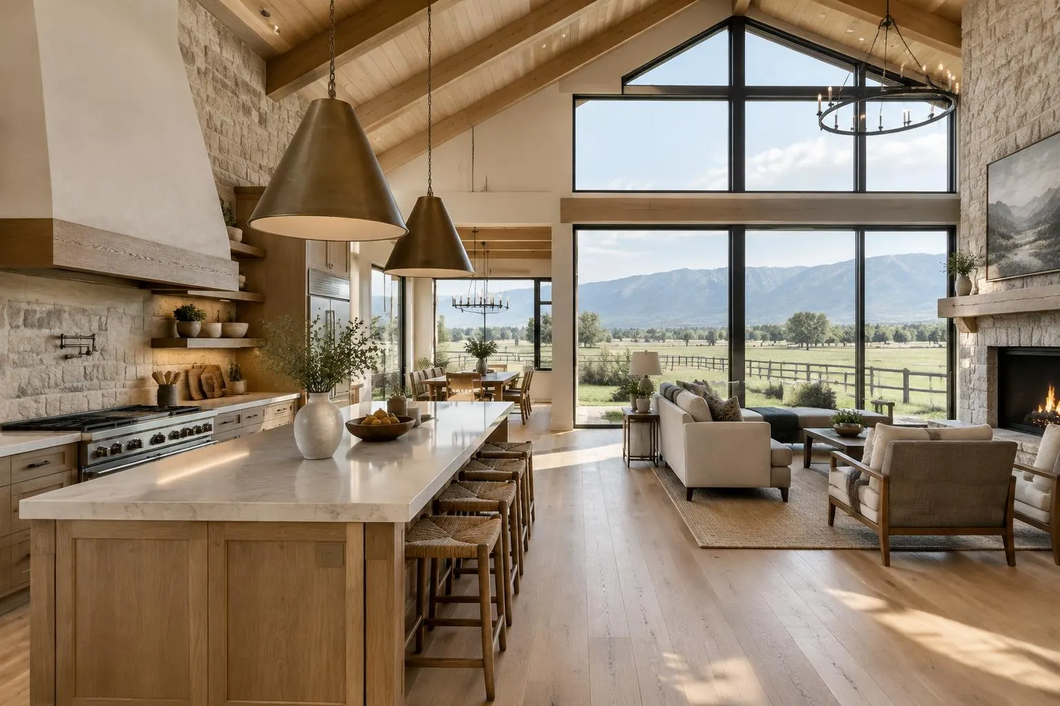 Modern farmhouse kitchen overlooking pasture and mountains in Morgan Valley, Utah