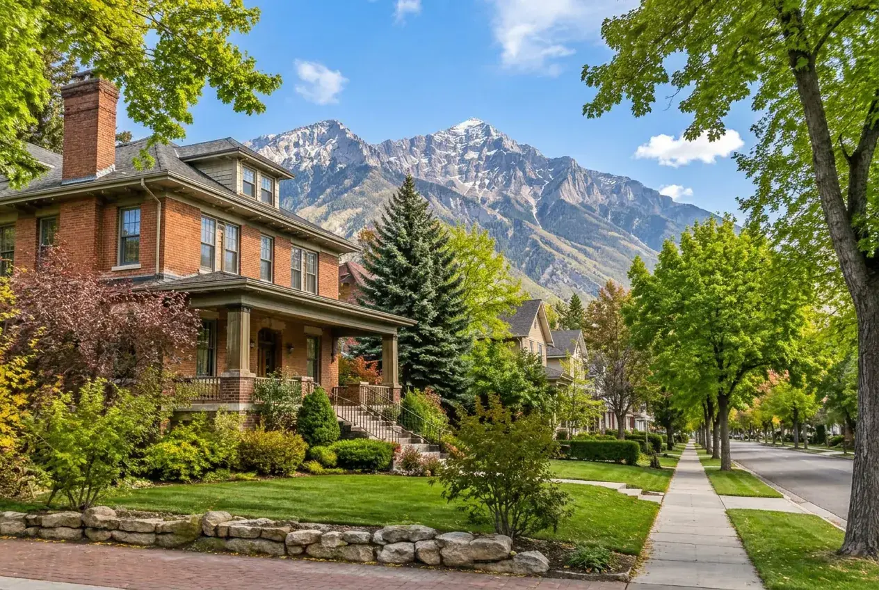 Classic brick home on a tree-lined Ogden, Utah street beneath Ben Lomond Peak