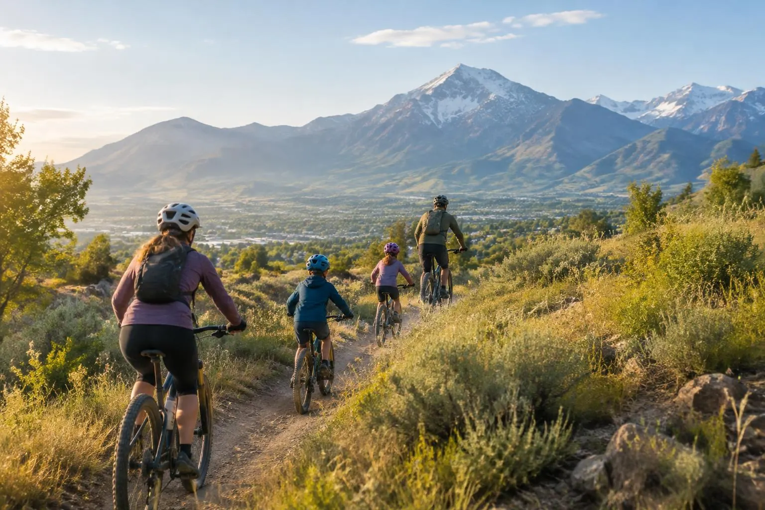 Family mountain biking on an Ogden foothill trail with Wasatch peaks beyond