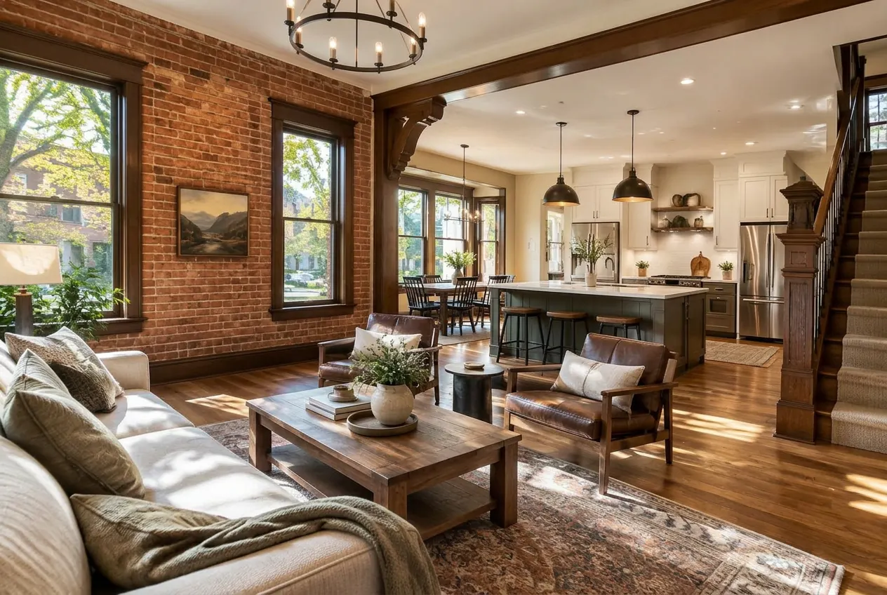 Renovated historic brick home interior in a tree-lined Ogden, Utah neighborhood