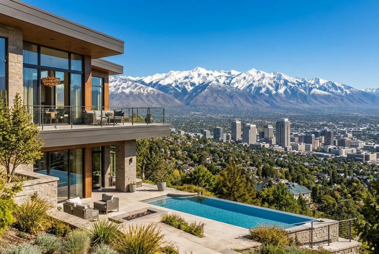 Luxury foothill home overlooking Salt Lake City lights and the snowy Wasatch Mountains at dusk