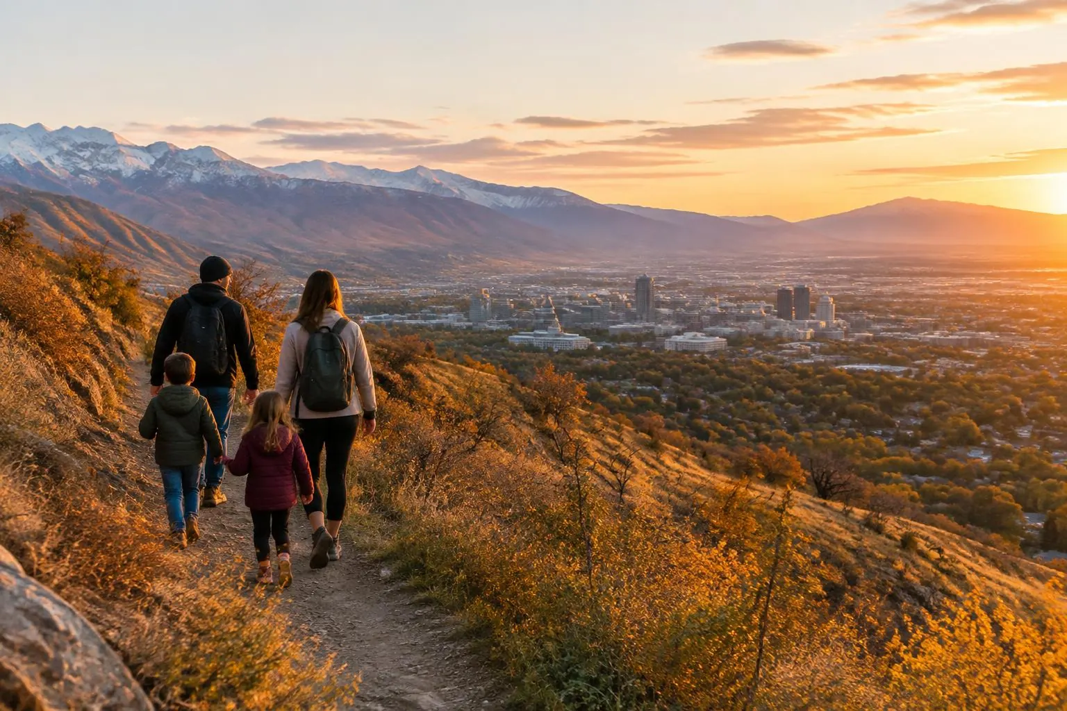 Family hiking a foothill trail above Salt Lake City, Utah in autumn