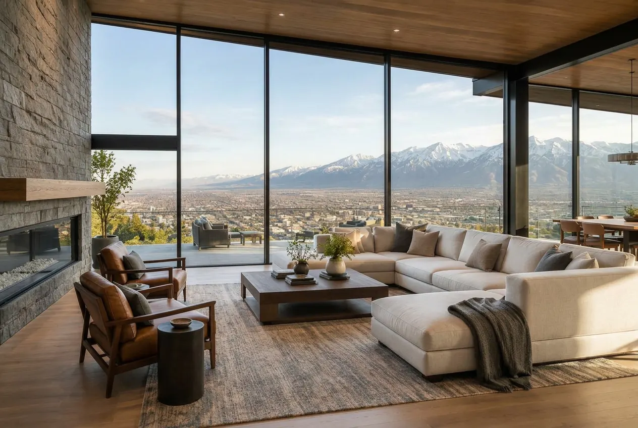 Modern foothill home interior overlooking Salt Lake City lights and Wasatch ridges