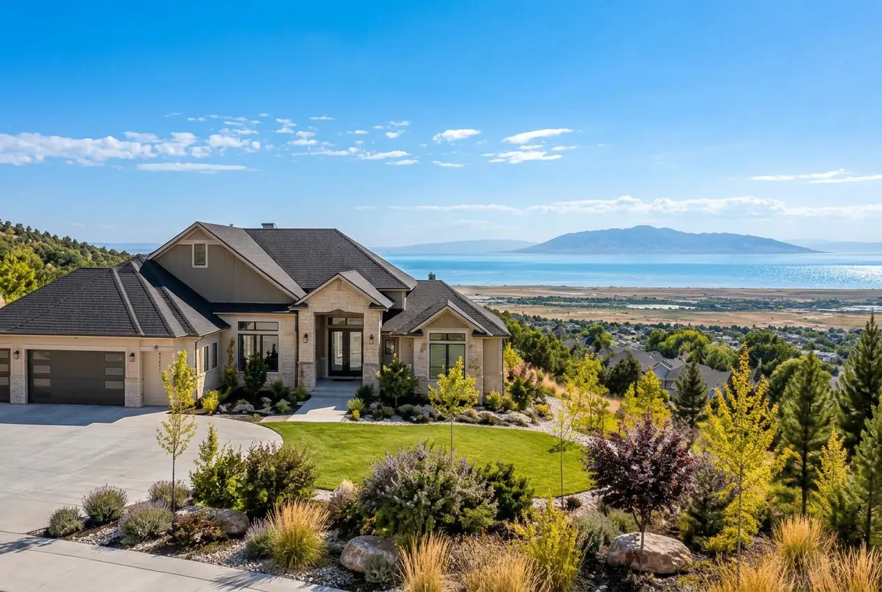 Contemporary Syracuse, Utah home overlooking Great Salt Lake and Antelope Island in bright daylight