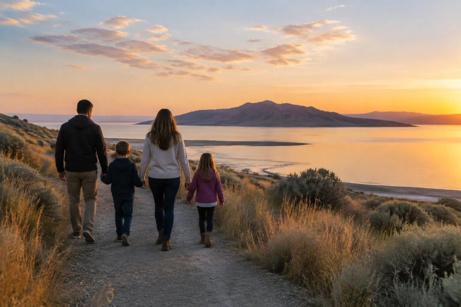 Family walking a Great Salt Lake shoreline trail with Antelope Island near Syracuse, Utah