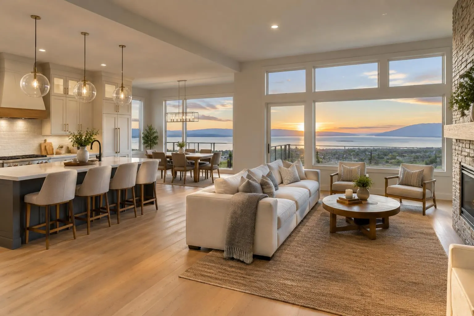 Bright contemporary home interior with Great Salt Lake views in Syracuse, Utah